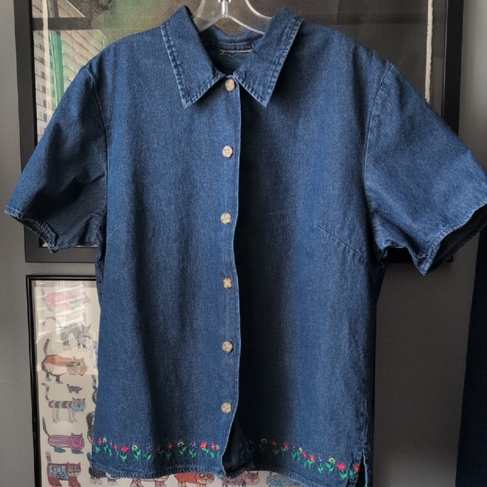 VTG Denim Shirt with Floral Embroidered Hem - Size L